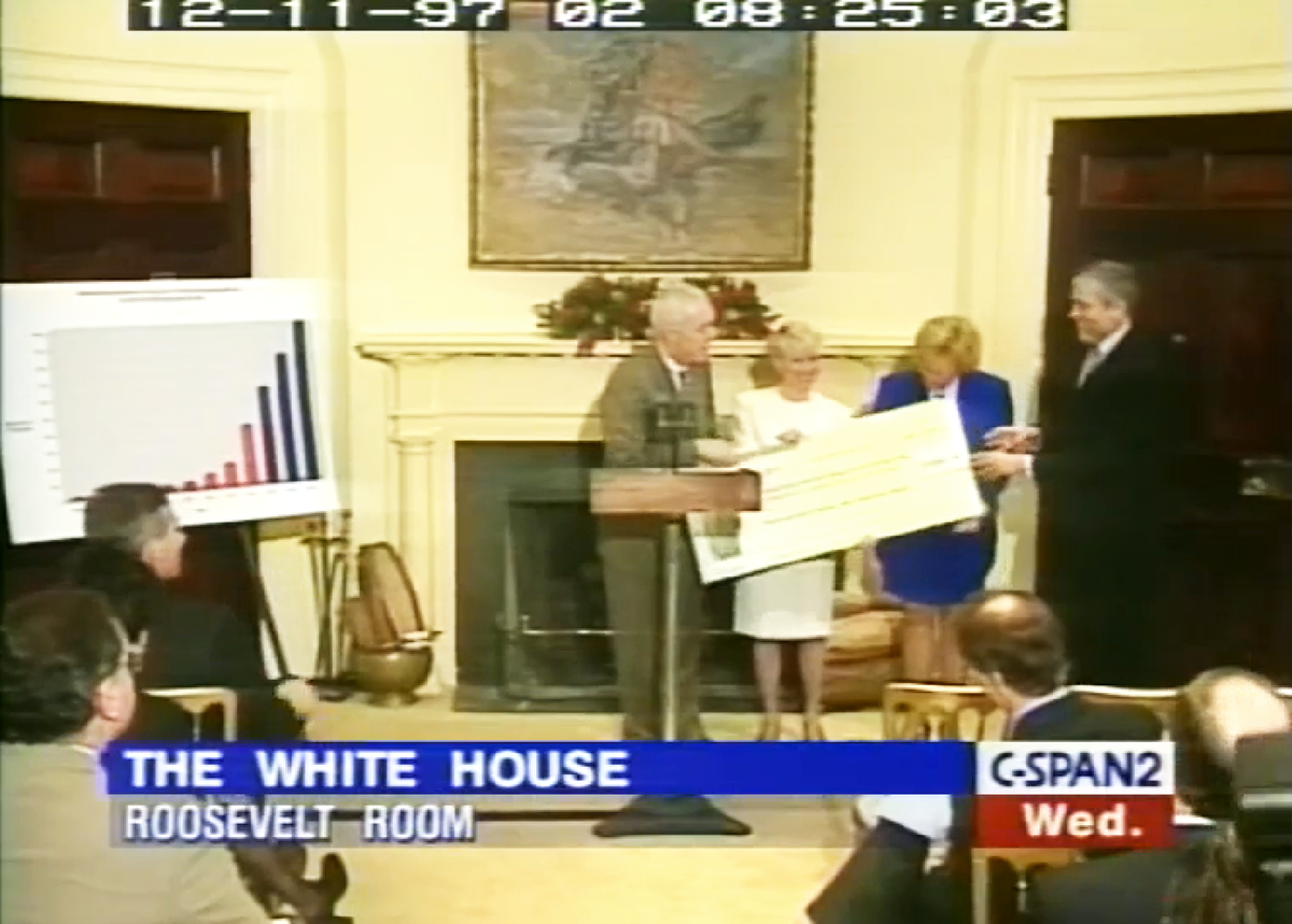White House Ceremony, December 10,1997 announcing creation of National Drug Court Institute (NDCI, with speakers Drug Czar General Barry McCaffrey, Assistant Attorney General Laurie Robinson, Former Chair of NADCP, (now U.S. Senator) Claire McCaskill, and NADCP Founder Judge Jeffrey Tauber speak at Ceremony announcing formation og National Drug Court Institute at the White House, Dec. 10, 1997